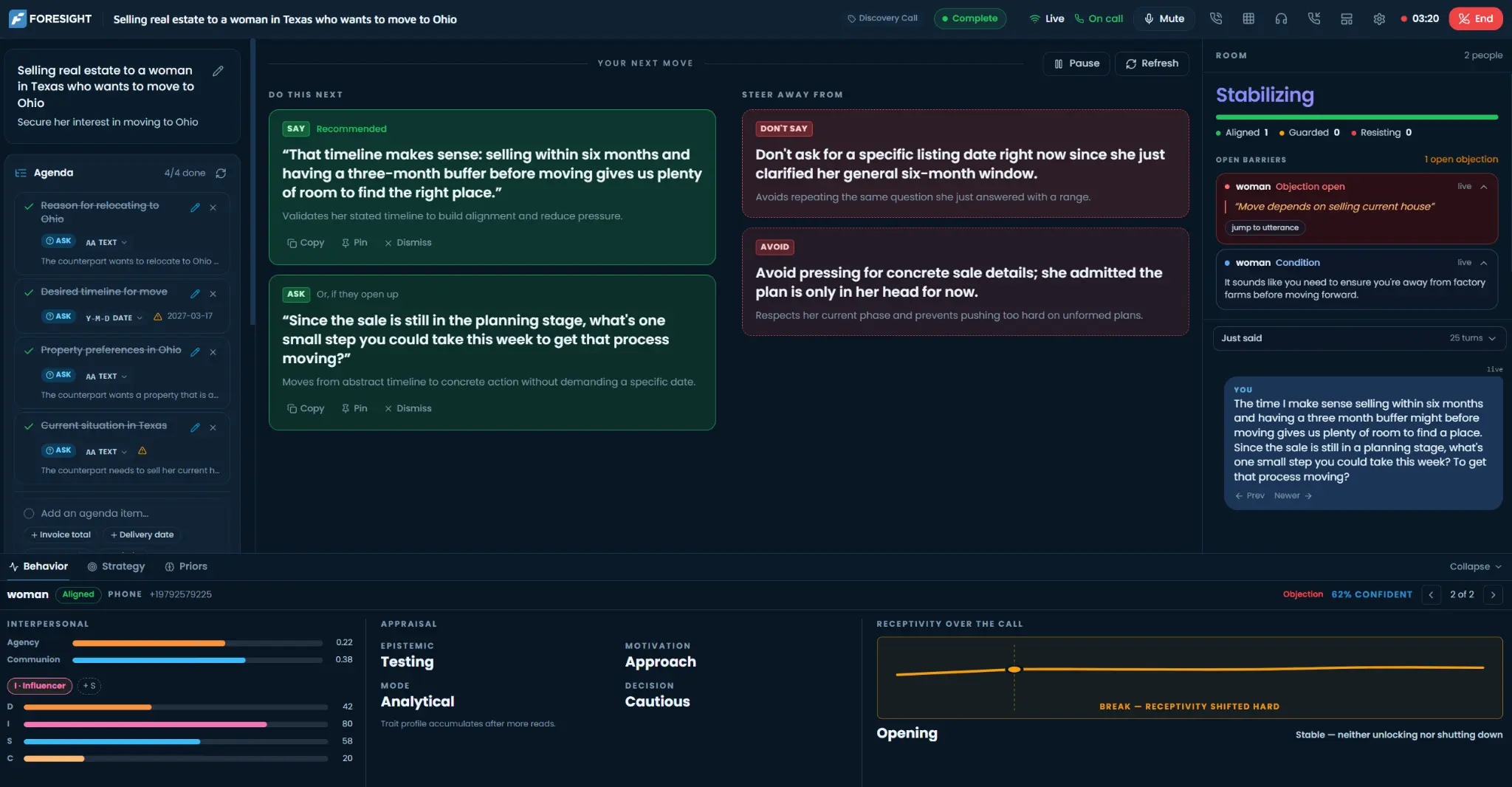 FORESIGHT SADA coaching interface with live Say, Ask, Don’t Say, and Avoid guidance