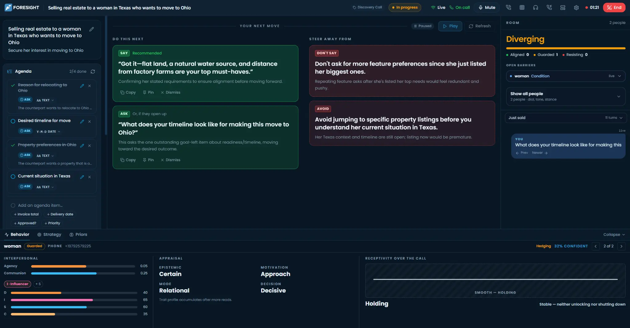 FORESIGHT interface showing live conversation context, a detected signal, and on-screen guidance for the next move