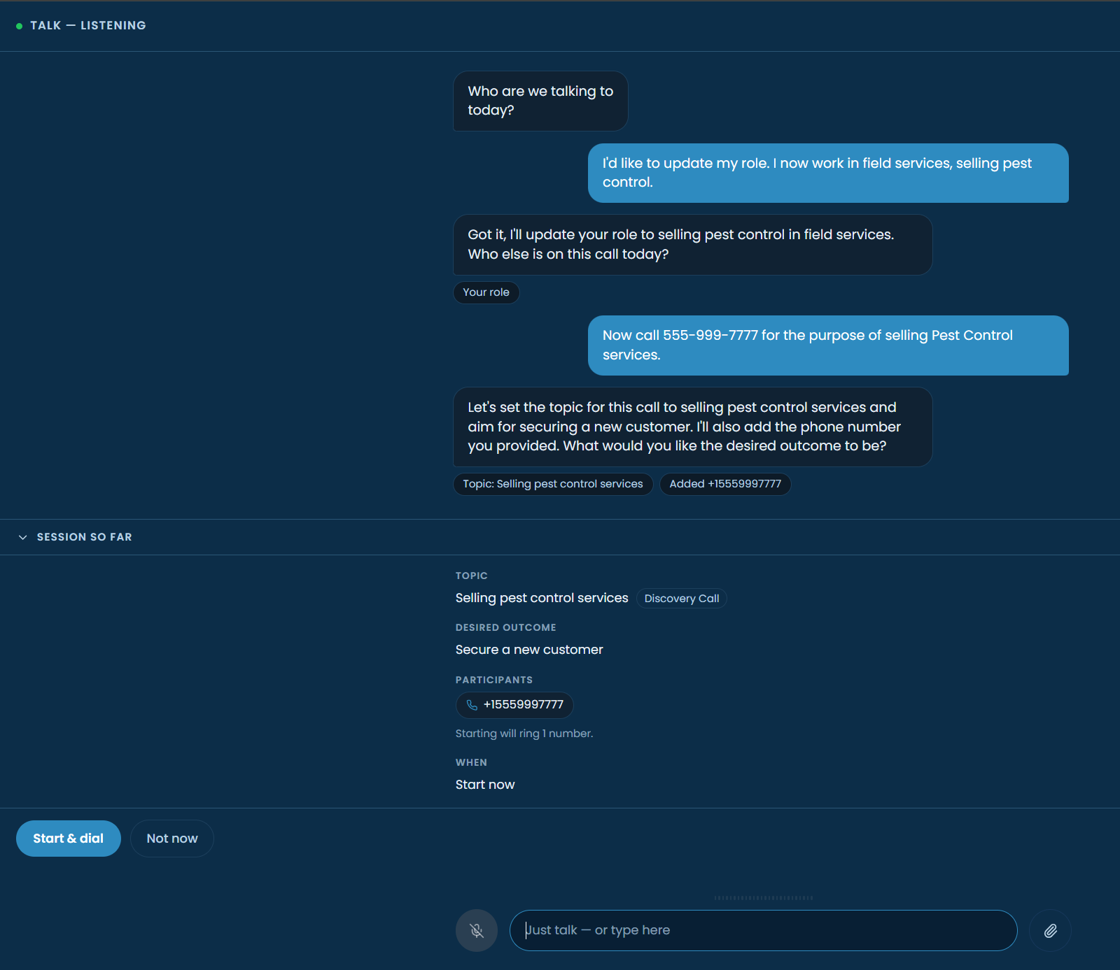 FORESIGHT Live Chat Setup interface establishing the context, objective, and relevant information for a sales conversation