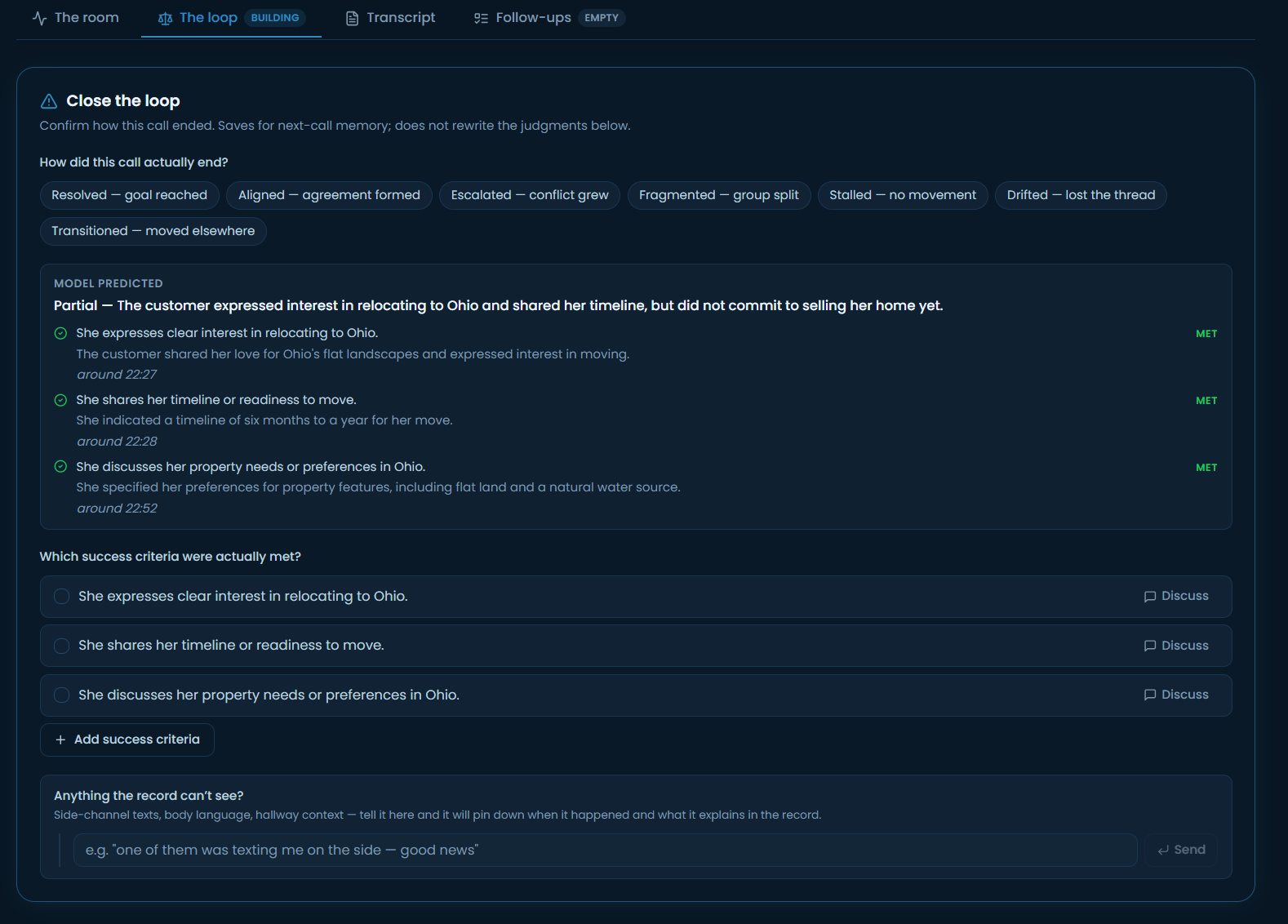 FORESIGHT post-call analysis interface showing conversation outcomes and evidence